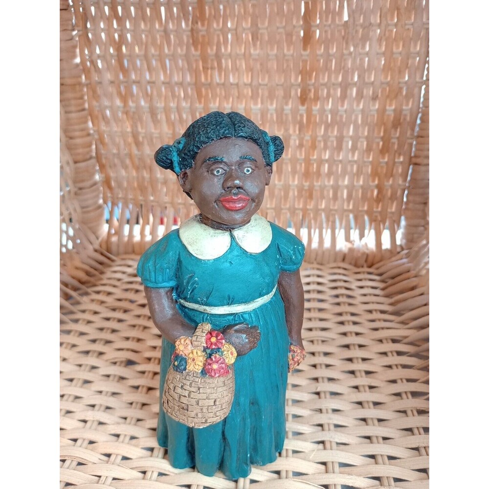 African American Figurine JP Resin Hand‎ Painted Young Girl Flowers Pleasants